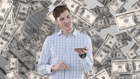 animation of american dollar bills floating over caucasian businessman using smartphone