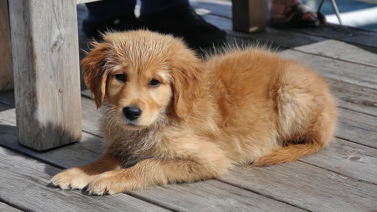 Un adorabile cucciolo di Golden Retriever si rilassa comodamente su una terrazza di legno, inondato dalla luce soffusa del sole e circondato da un ambiente esterno tranquillo