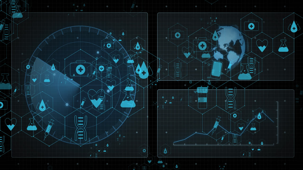animación de iconos médicos y procesamiento de datos con globo sobre fondo negro