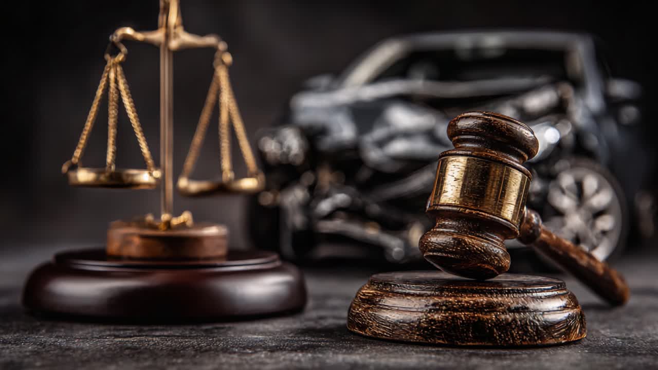 Rappresentazione simbolica di giustizia e legge: Un martelletto posizionato in primo piano, con una bilancia alle spalle e un veicolo danneggiato sullo sfondo, che evoca temi di conseguenze legali.