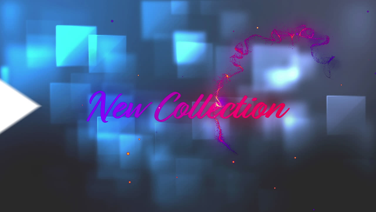 Animation of new collection text over white arrows and moving colorful wave