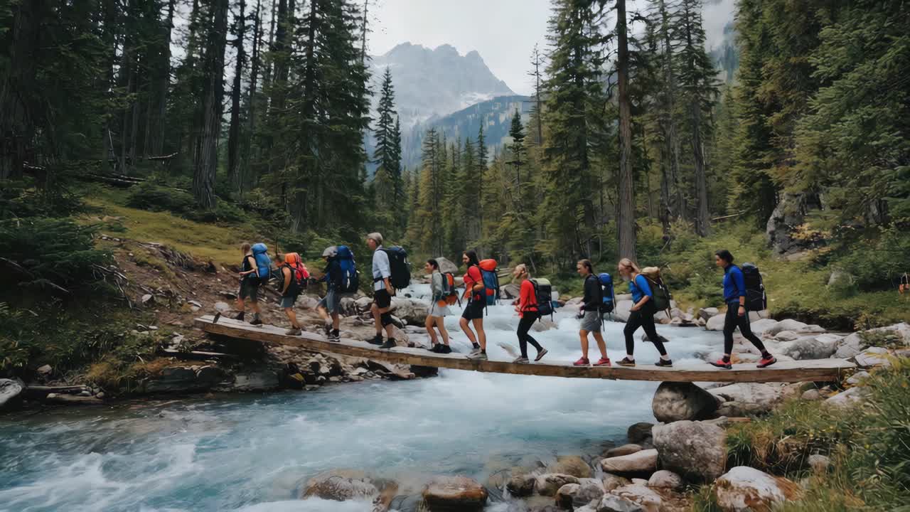 Group Hiking Across a Bridge