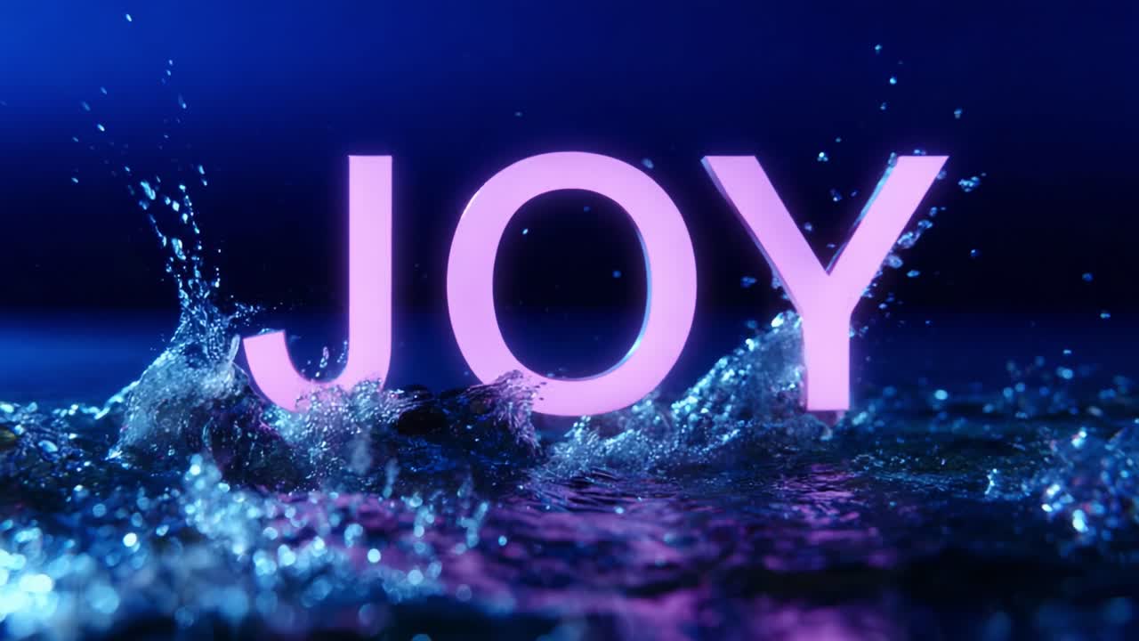 An Evocative Display of Emotions, Capturing the Essence of Happiness Through the Word 'JOY' Illuminated in Vibrant Purple Against the Backdrop of a Serene Water Surface with Splashing Effects