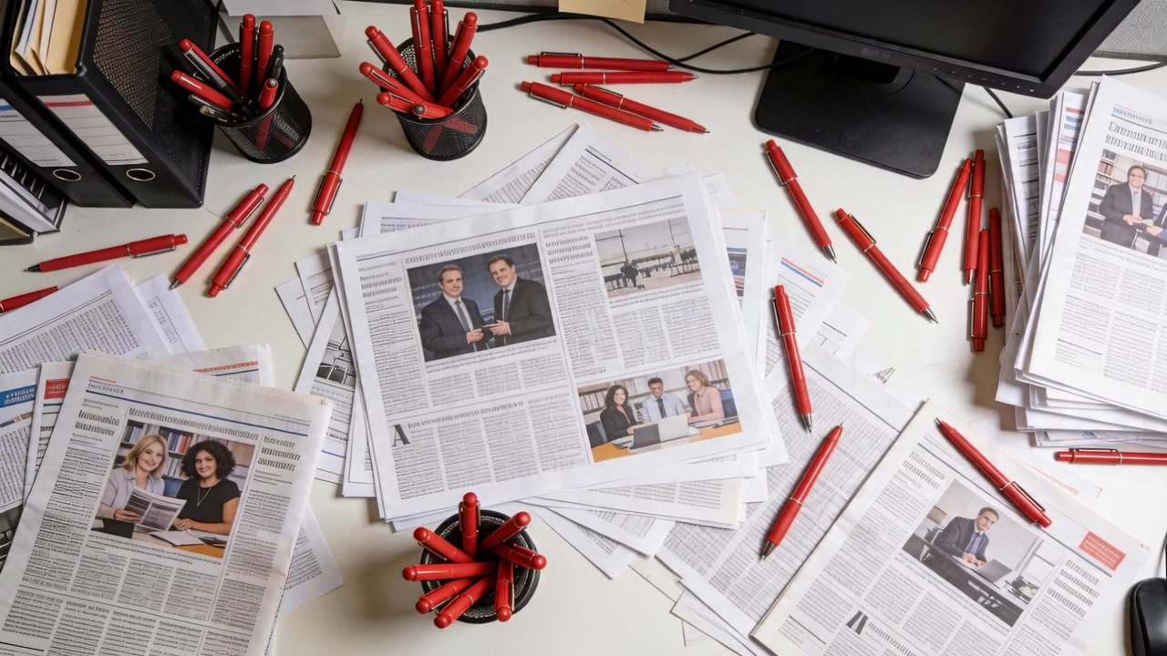 Shifting camera showing cluttered desk at office with newsletter, people in suits and red pens