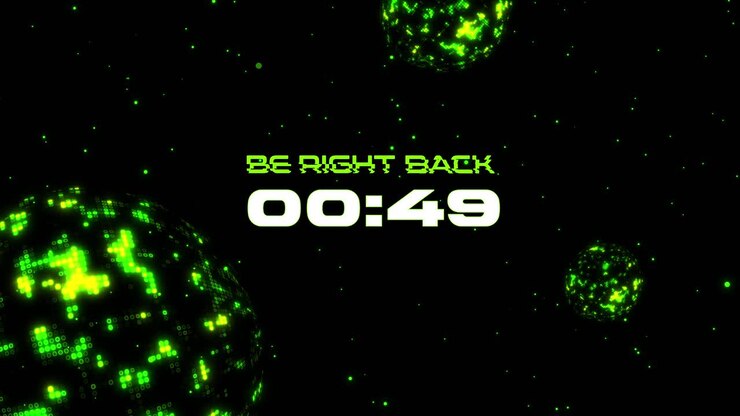 One Minute Countdown with Digital Green Spheres and 'Be Right Back' Message