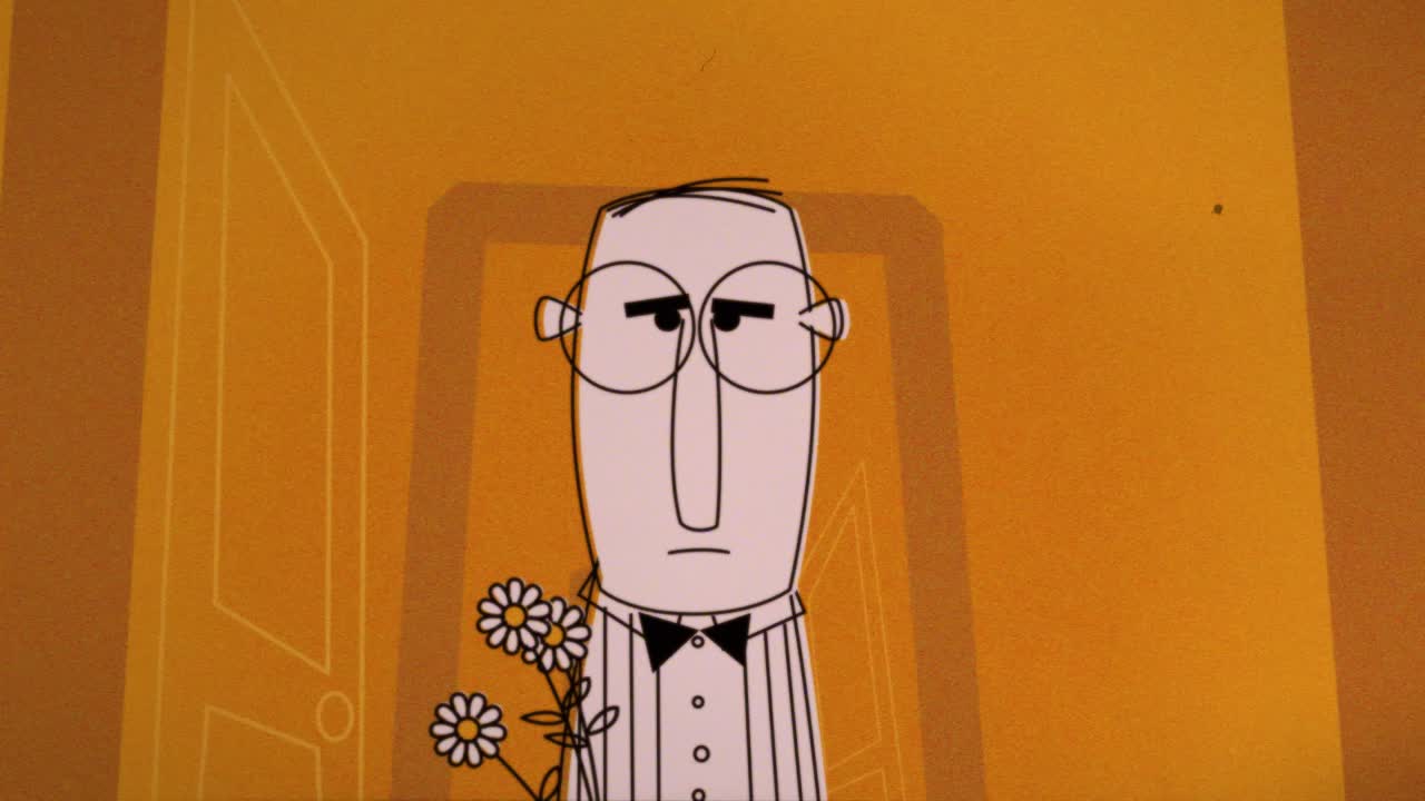 2D animated nerdy cartoon character nervously walks down a abstract hallway with flowers in his hand drawn in a vintage 1950s graphical style