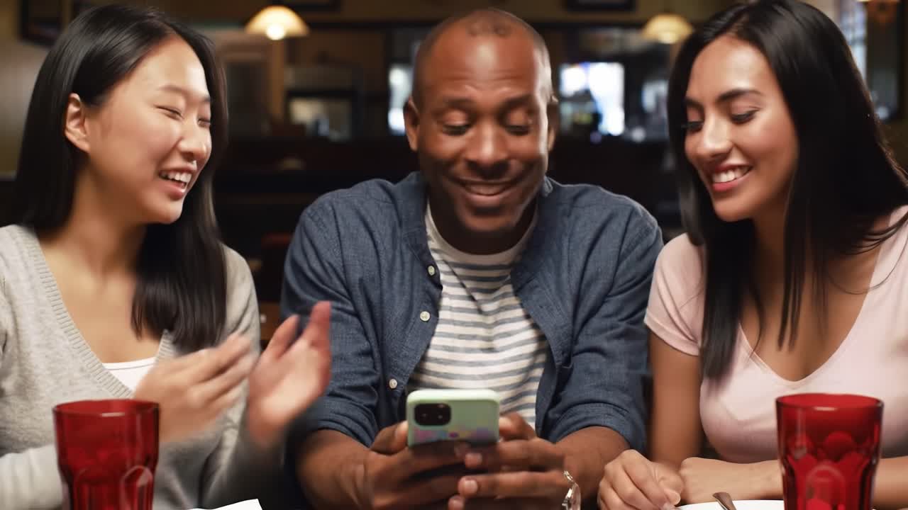 Engaging Moments: A Group of Friends Sharing Excitement Over a Mobile Device in a Cozy Restaurant Setting, Capturing Connection and Curiosity