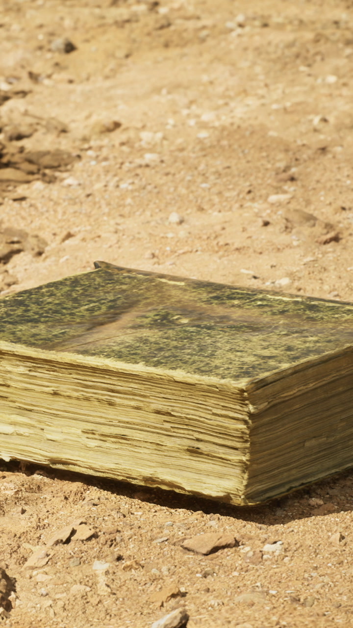 An ancient book lies on sunbaked soil its pages weathered and edges frayed