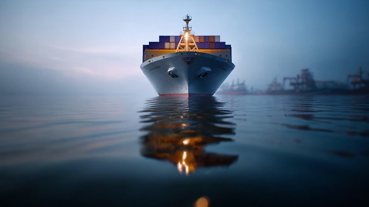 Majestætisk containerskib navigerer i rolige farvande ved daggry med levende refleksioner, der fremviser maritim industri og et fredfyldt havnemiljø.