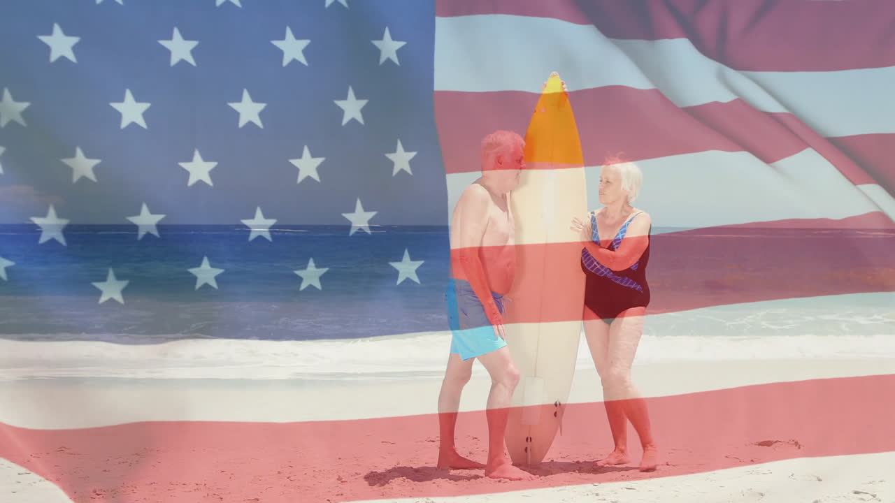 여름에 해변에 있는 백인 고위 부부 위에 있는 미국 발의 애니메이션