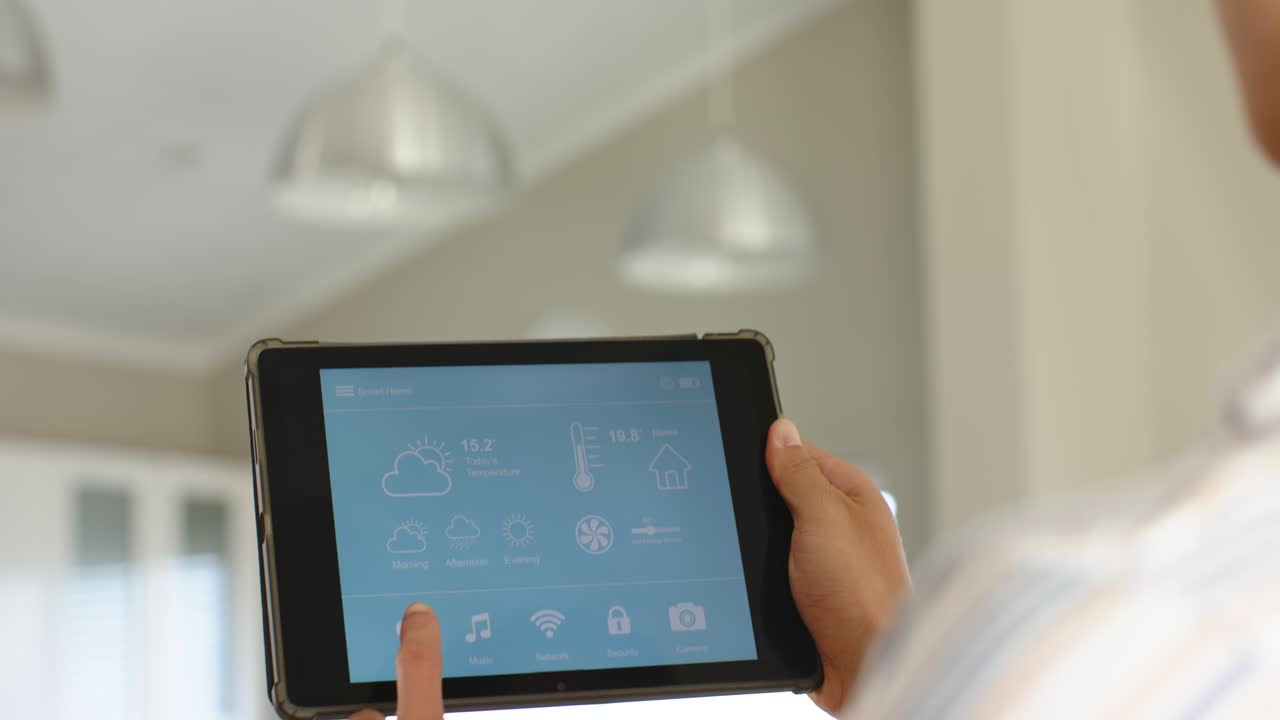 Tablet tilting upward activating control panel, man tapping music and lighting to control features