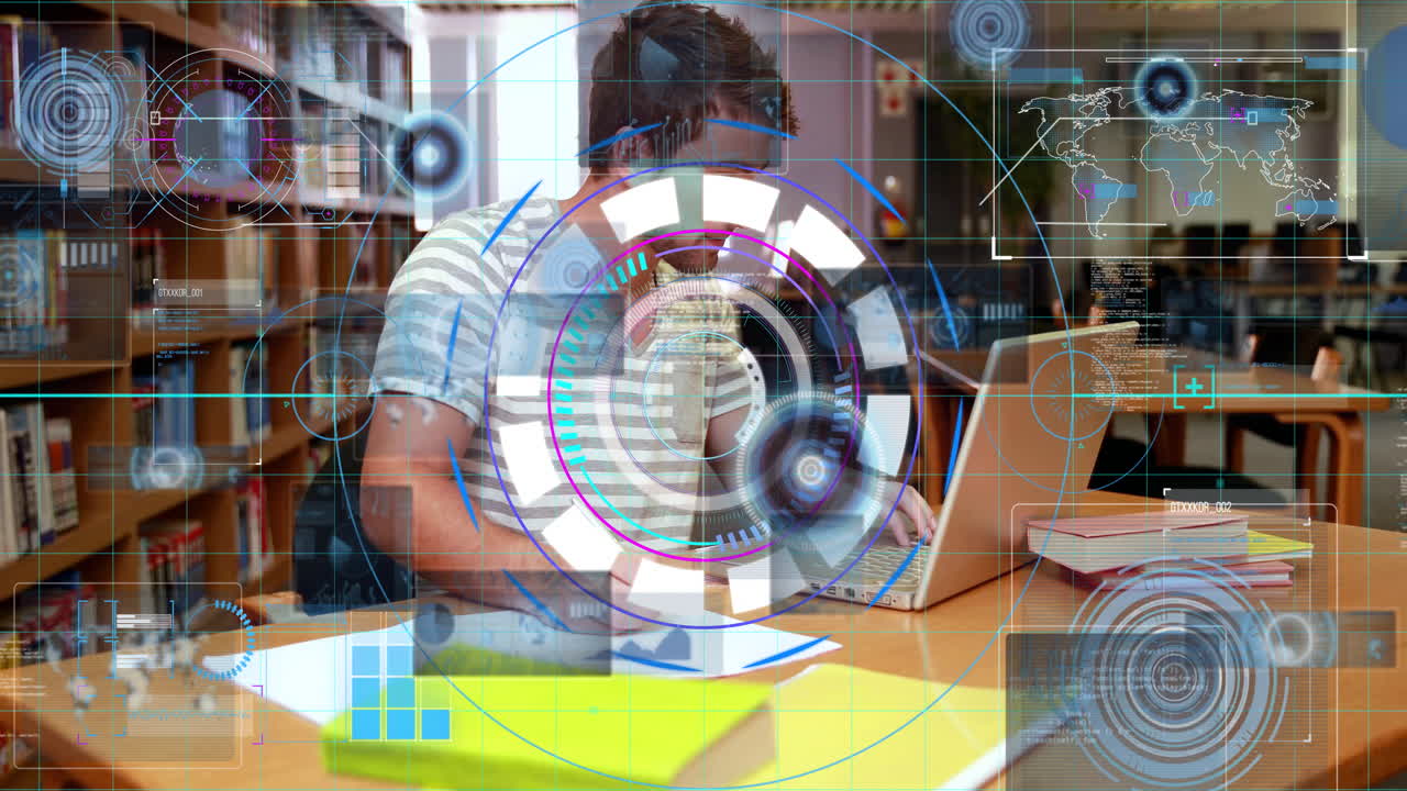 Student working on laptop in library with digital interface overlay animation