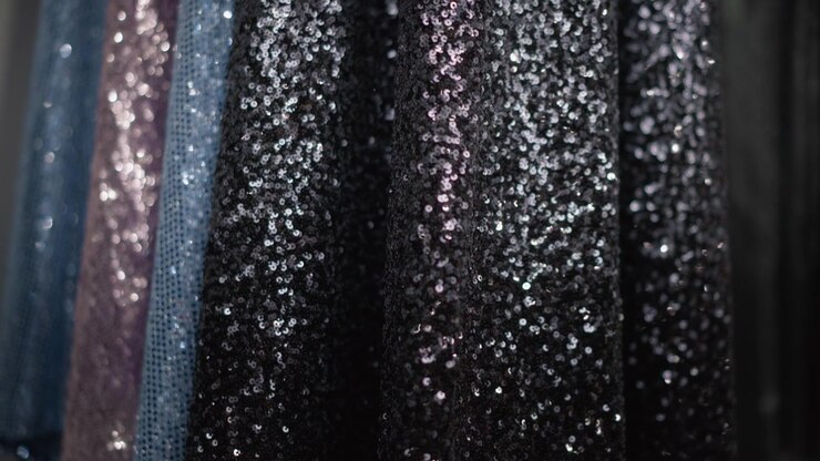 Primo piano di tessuto di vestito nero con paillettes, con texture scintillante e illuminazione soffusa. Il materiale del vestito mostra dettagli scintillanti appesi verticalmente in un ambiente di vendita al dettaglio di moda. Lo sfondo include