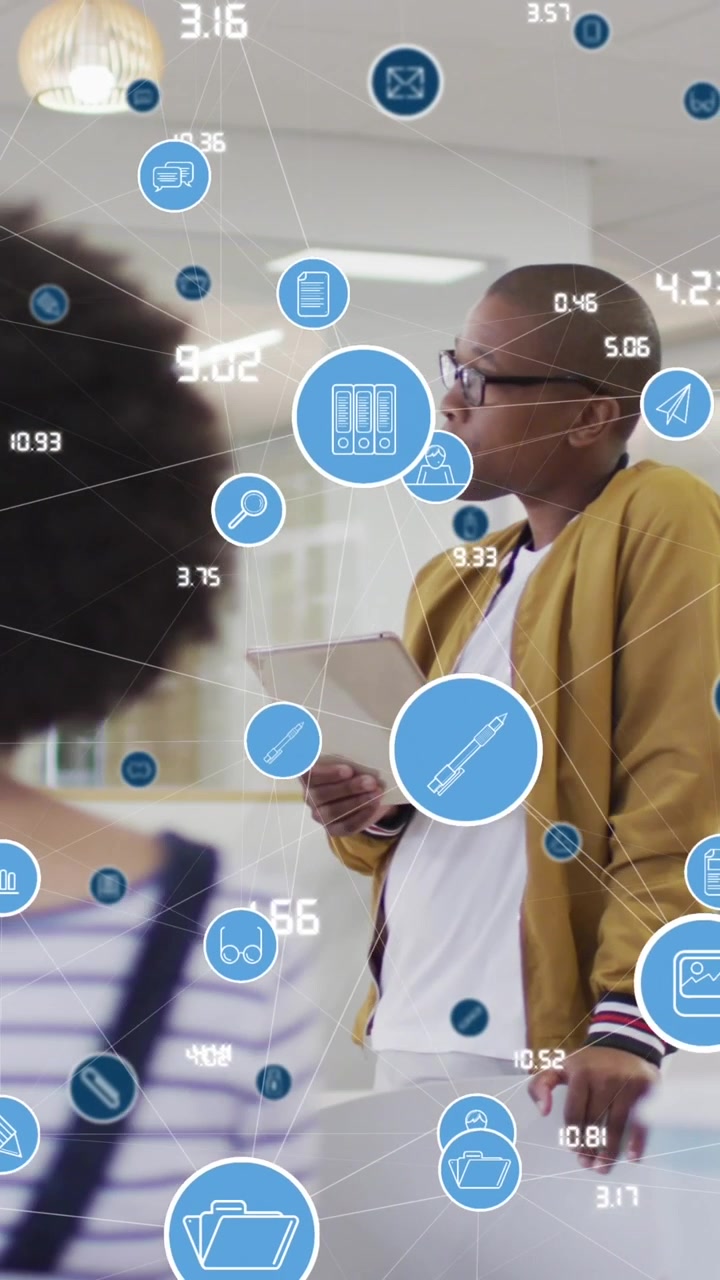 Animation of network of connections with icons over man and dentist working in warehouse