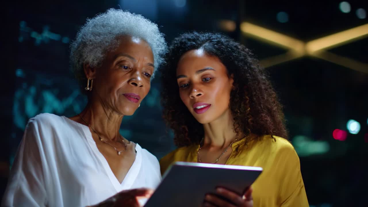 Two Women Collaborating with a Tablet in a Modern Setting, Engaged in an Informative Discussion, Highlighting the Importance of Technology in Building Connections and Sharing Knowledge