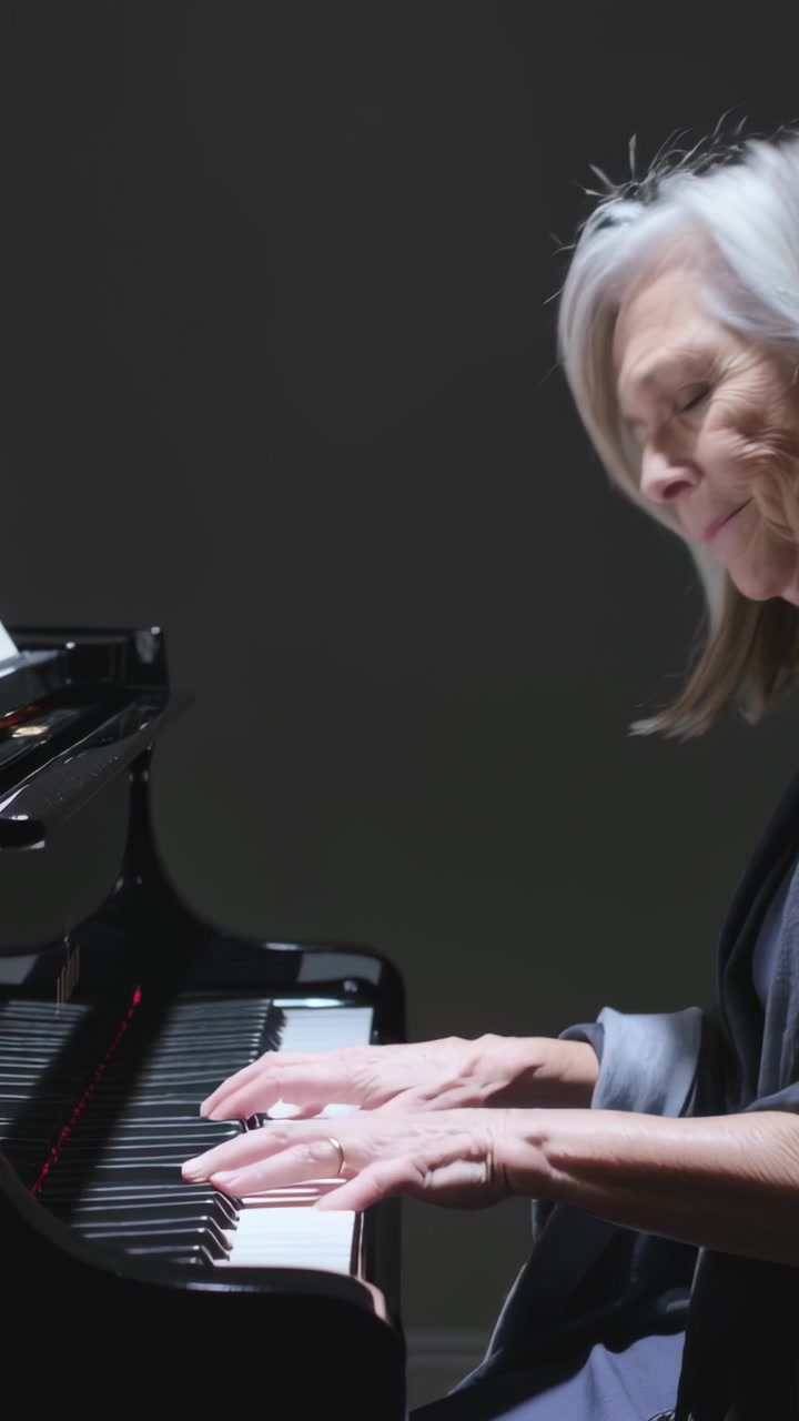 Vertikal video: Spillende pianist i sjal læser, bevæger sig over klavertaster i studie, plads til tekst.