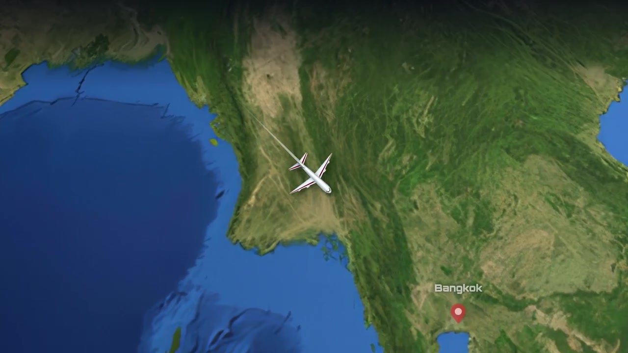 A 3D airplane flies across a realistic satellite earth map from Munich to Bangkok