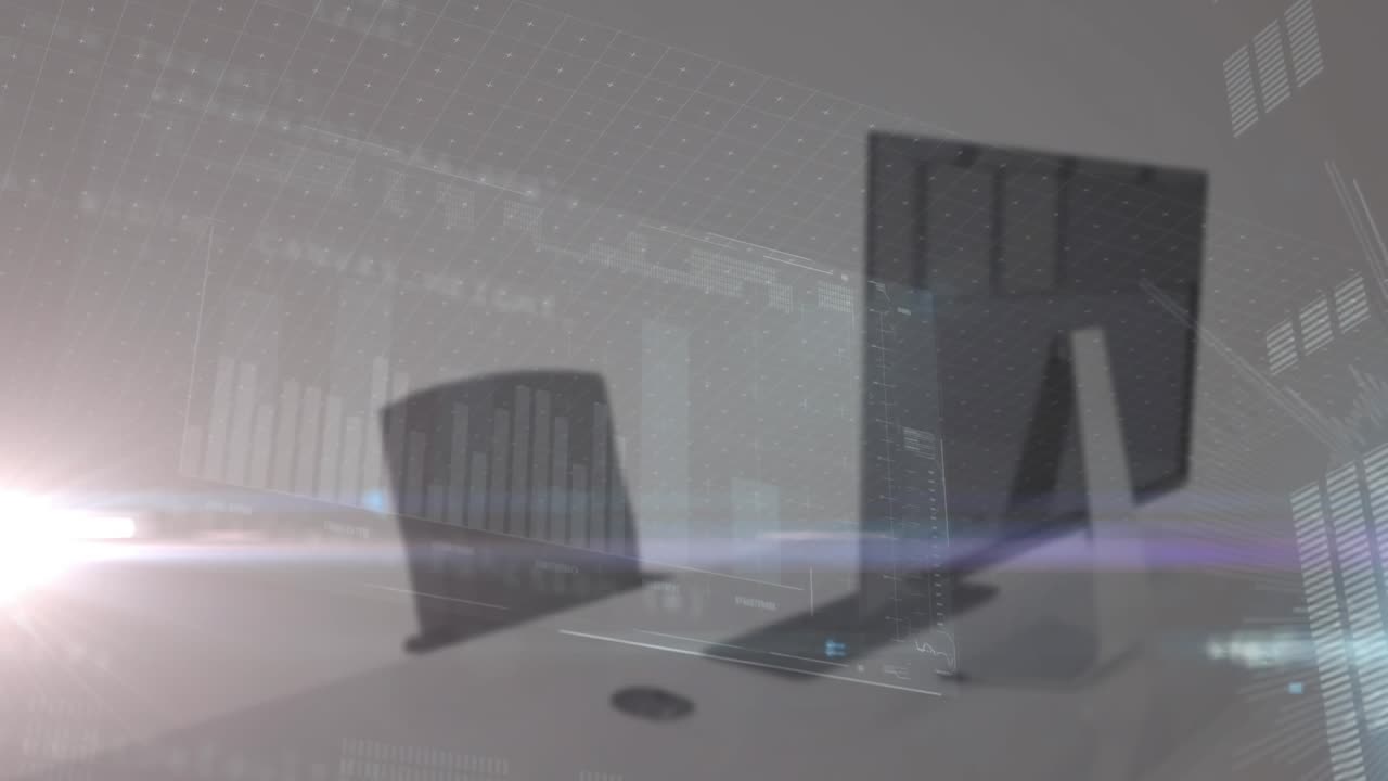 Animation of interface with data processing and light spot against office desk