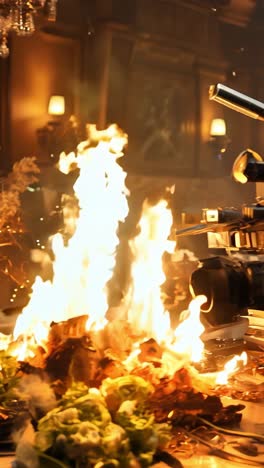 filmmaker captures dramatic fire effects in dimly lit dinner scene