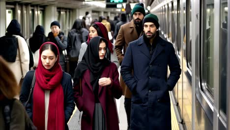 a group of diverse people walk on the subway platform.