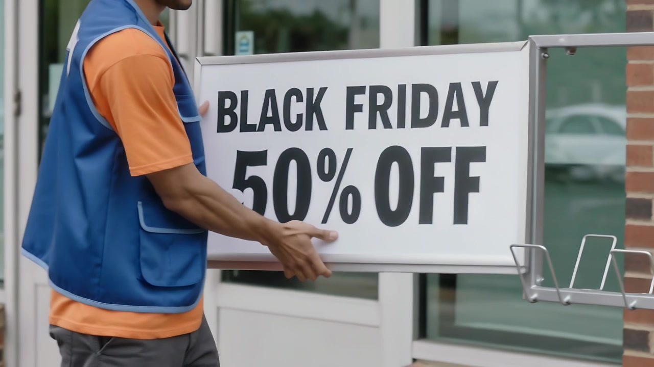 Karyawan meletakkan rompi dan menempatkan tanda BLACKFRIDAY50%OFF pada dudukan logam di pintu masuk untuk penjualan, dengan ruang untuk teks.