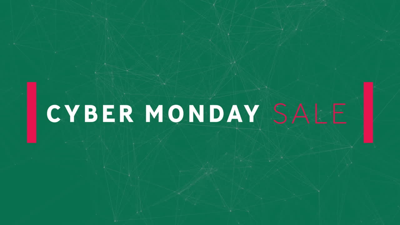 Digital animation of cyber monday text banner against network of connections on green background