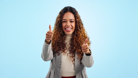 pulgares hacia arriba, feliz y rostro de mujer de negocios