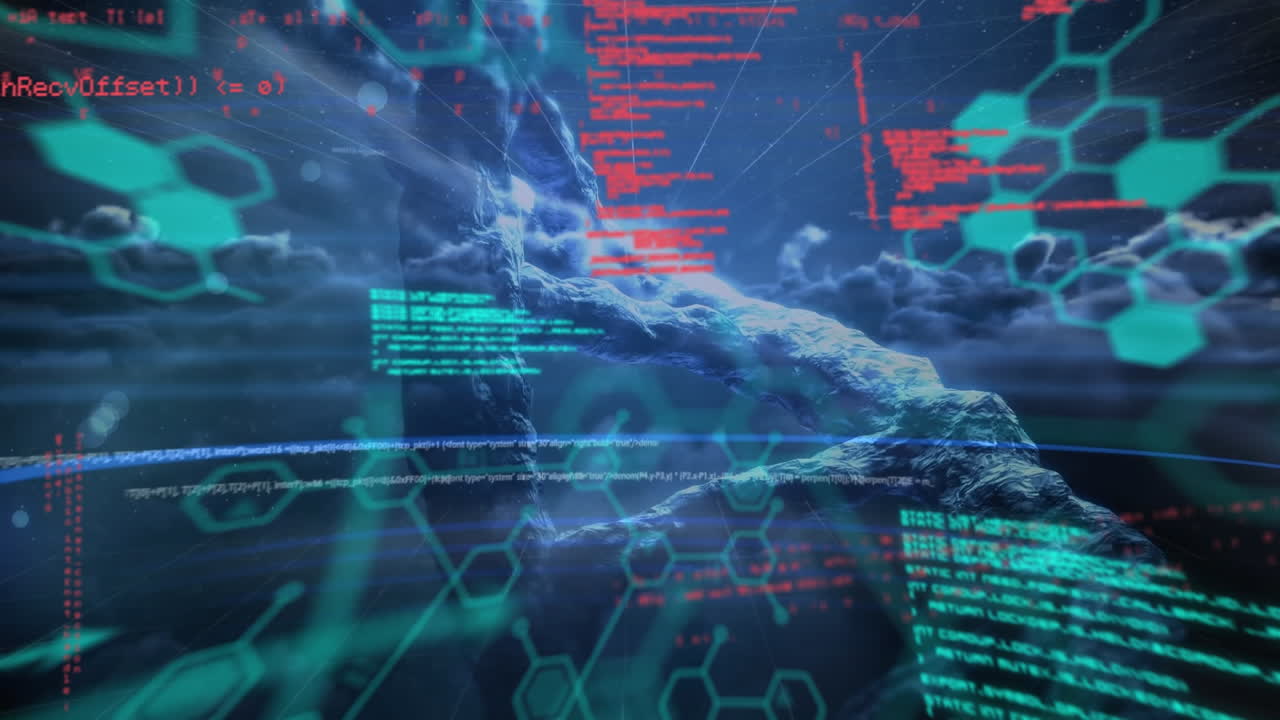 Animation of data processing over dna strand on black background