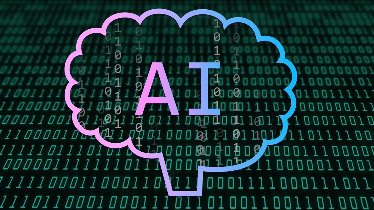 On start neon brain with AI filling, binary streams falling, camera pulling back revealing data
