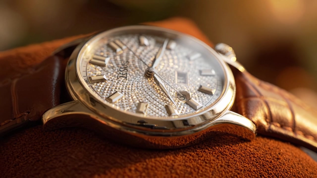 Gros plan exquis d'une montre analogique de luxe avec une texture détaillée et un design élégant, mettant en valeur un artisanat raffiné et une beauté intemporelle sur un fond doux.
