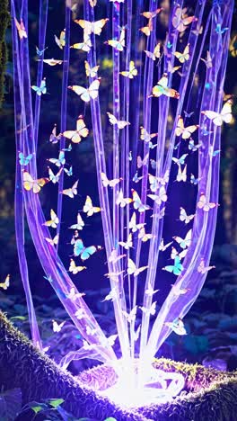 A magical forest scene with glowing butterflies captured from a low angle, creating a whimsical