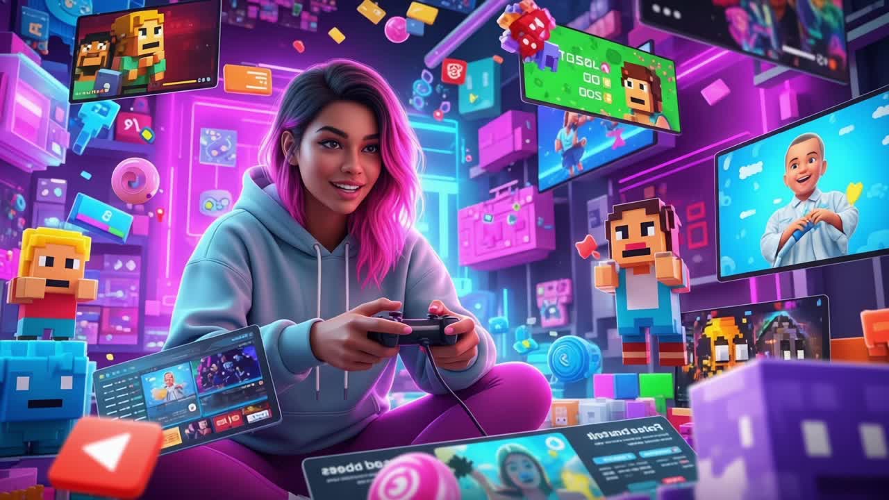 A Gamer's Paradise: Captivating Journey Through a Vibrant Virtual Realm Filled with Blocky Characters and Interactive Screens