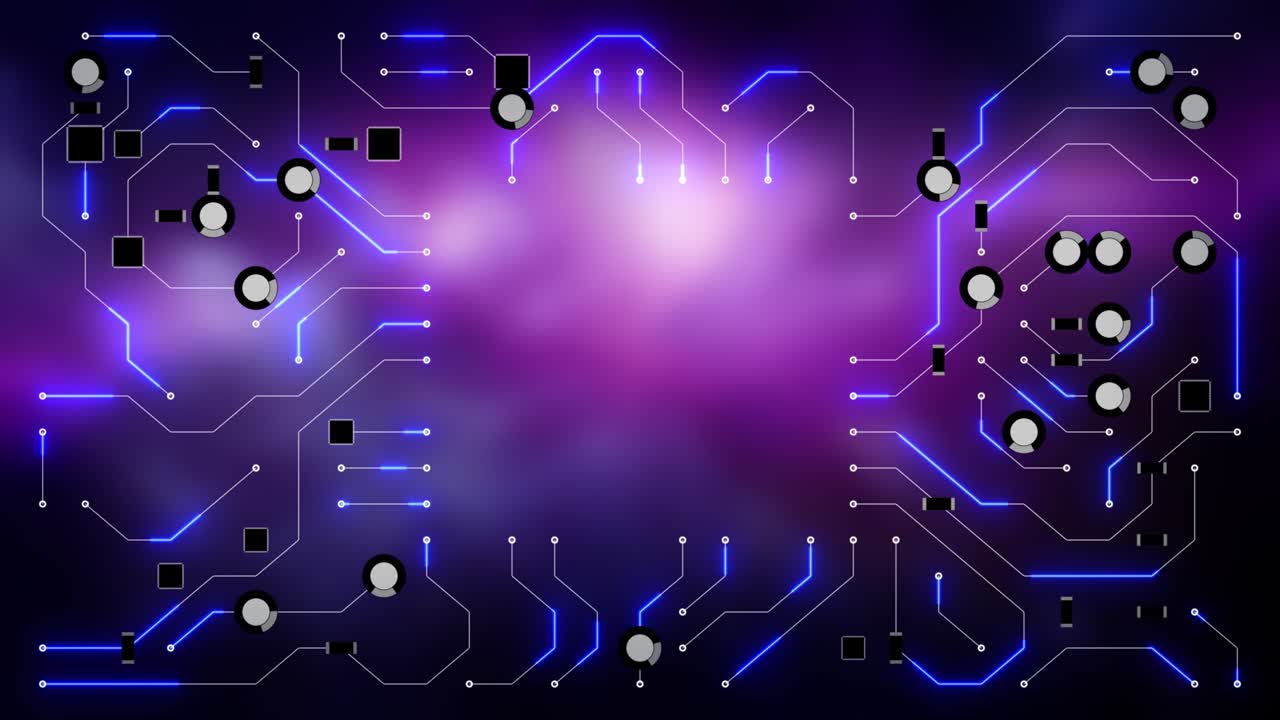 placa de circuito futurista azul con electrones de bucle