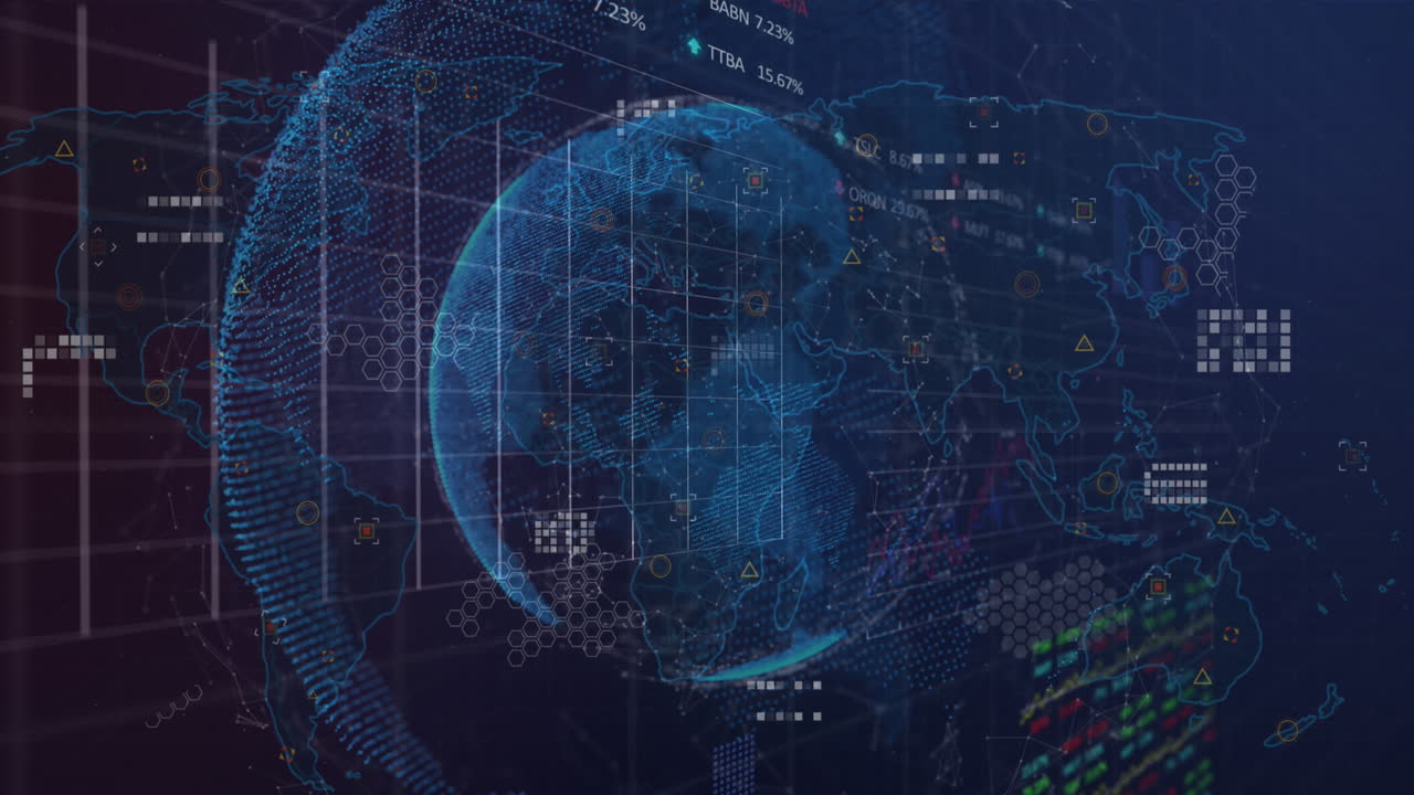 Animation of graphs and trading board with circuit board pattern, connected dots on globe over map