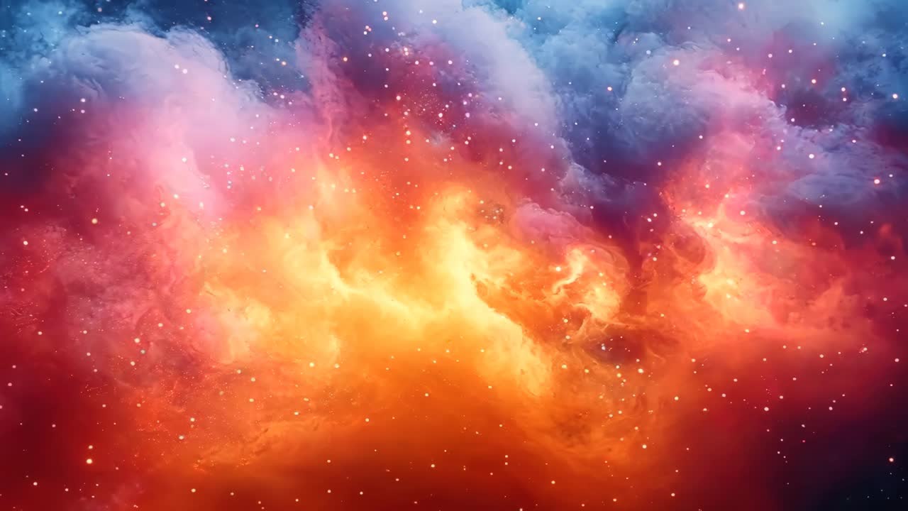 A colorful cloud with orange and blue swirls. The clouds are filled with stars and the sky is dark