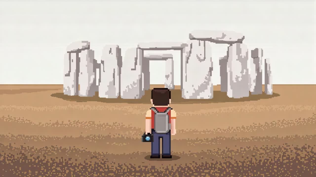 Pixel art scene depicting a traveler approaching ancient stone structure, capturing the moment with a camera, showcasing the journey of exploration and discovery