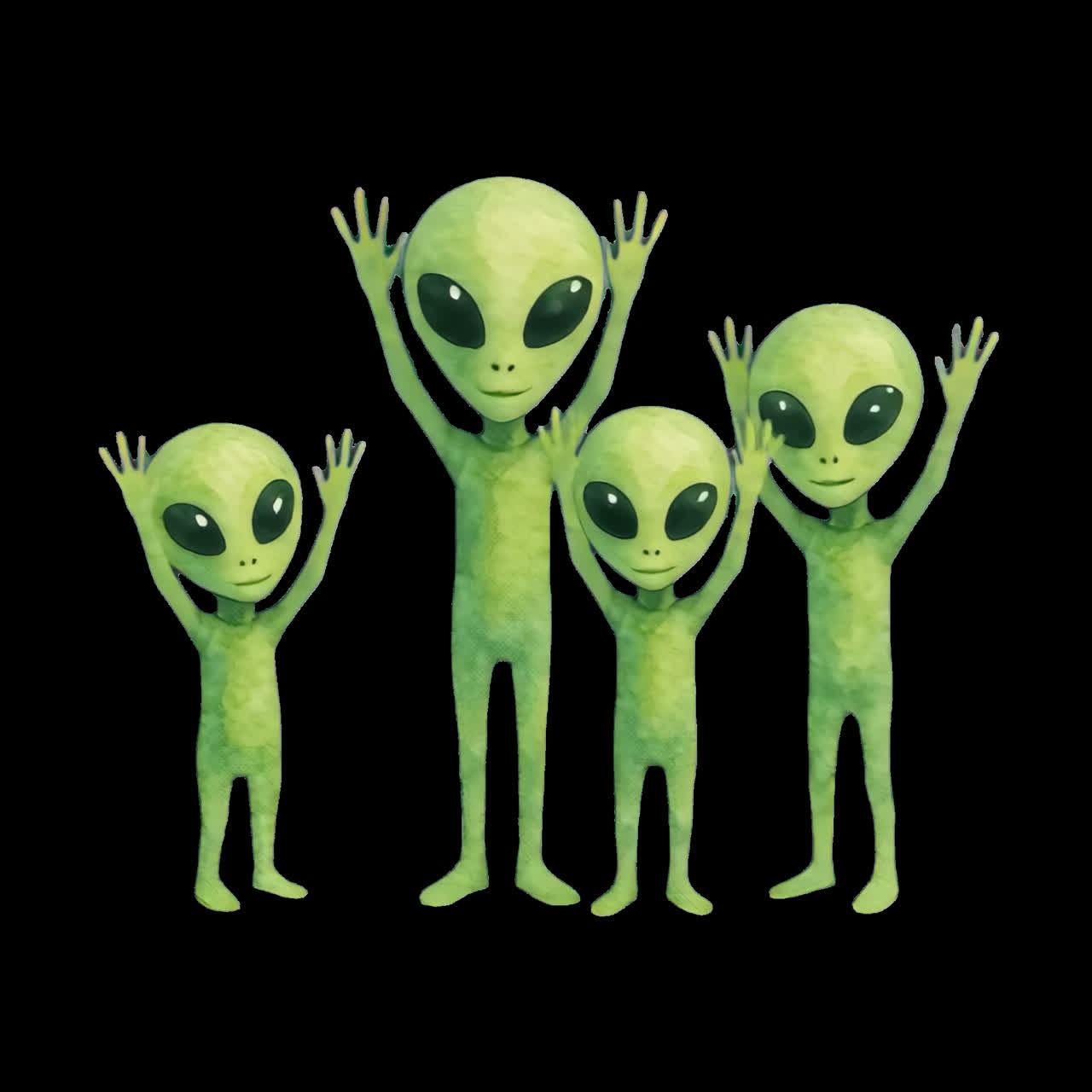 Friendly cartoon alien family animation isolated asset, transparent 4K video, alpha channel, ProRes