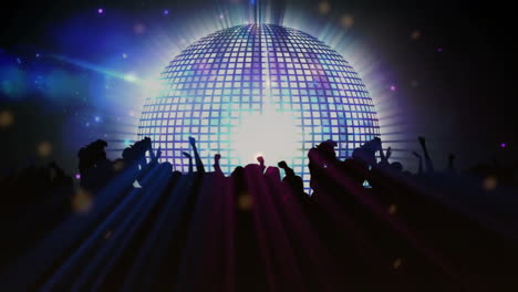 silhouetted crowd dancing under disco ball with colorful lights animation