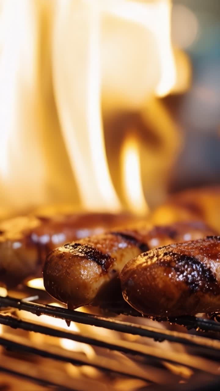 Salsicce sfrigolanti sulla griglia con fiamme che danzano sullo sfondo, evidenziando un sapore deliziosamente carbonizzato e la succosità, catturate in una drammatica scena di cucina.