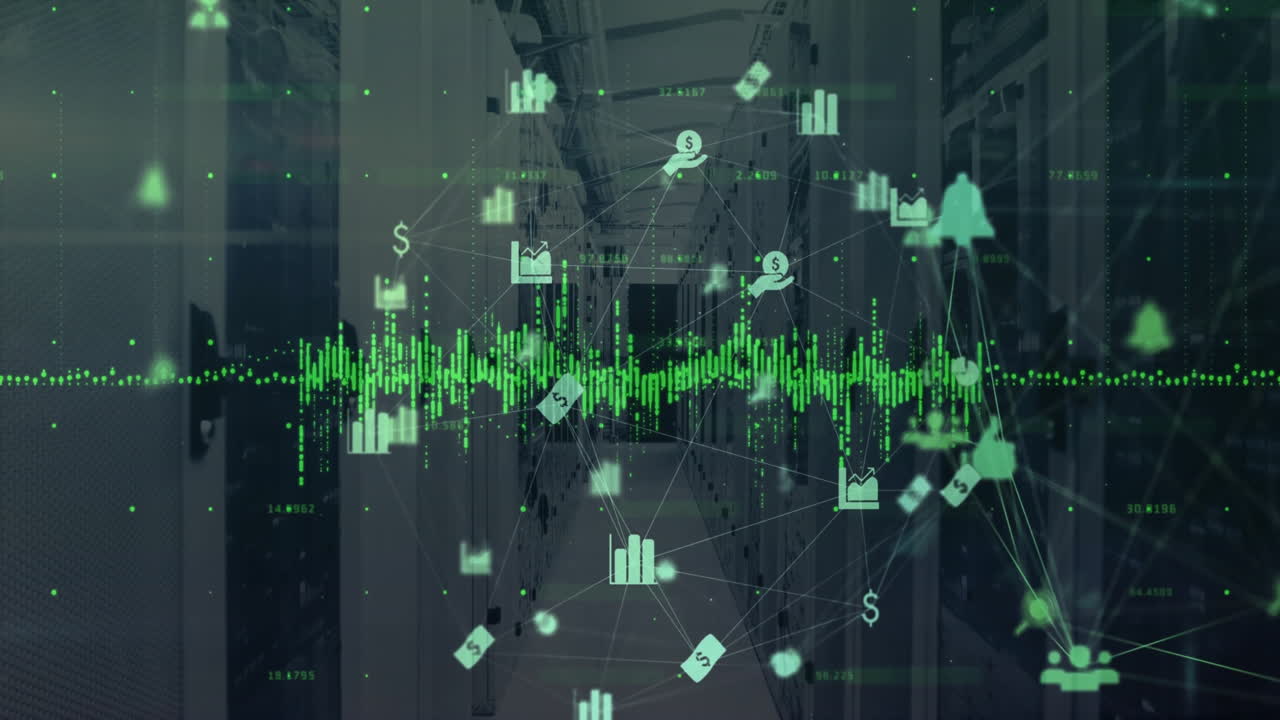 animación de iconos y procesamiento de datos digitales a través de servidores informáticos