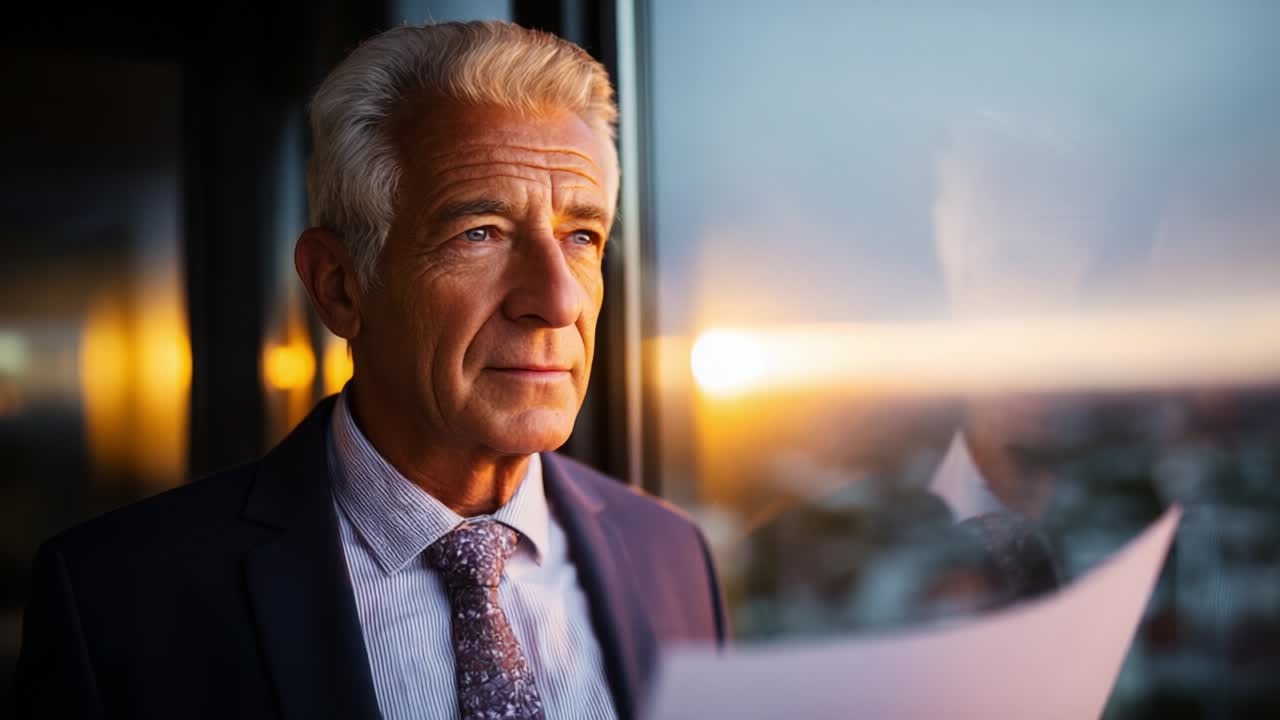 A contemplative senior businessman, dressed in a formal suit with a tie, gazes out the window reflecting on important documents in hand, illuminated by the warm glow of a setting sun highlighting thoughtful reflection