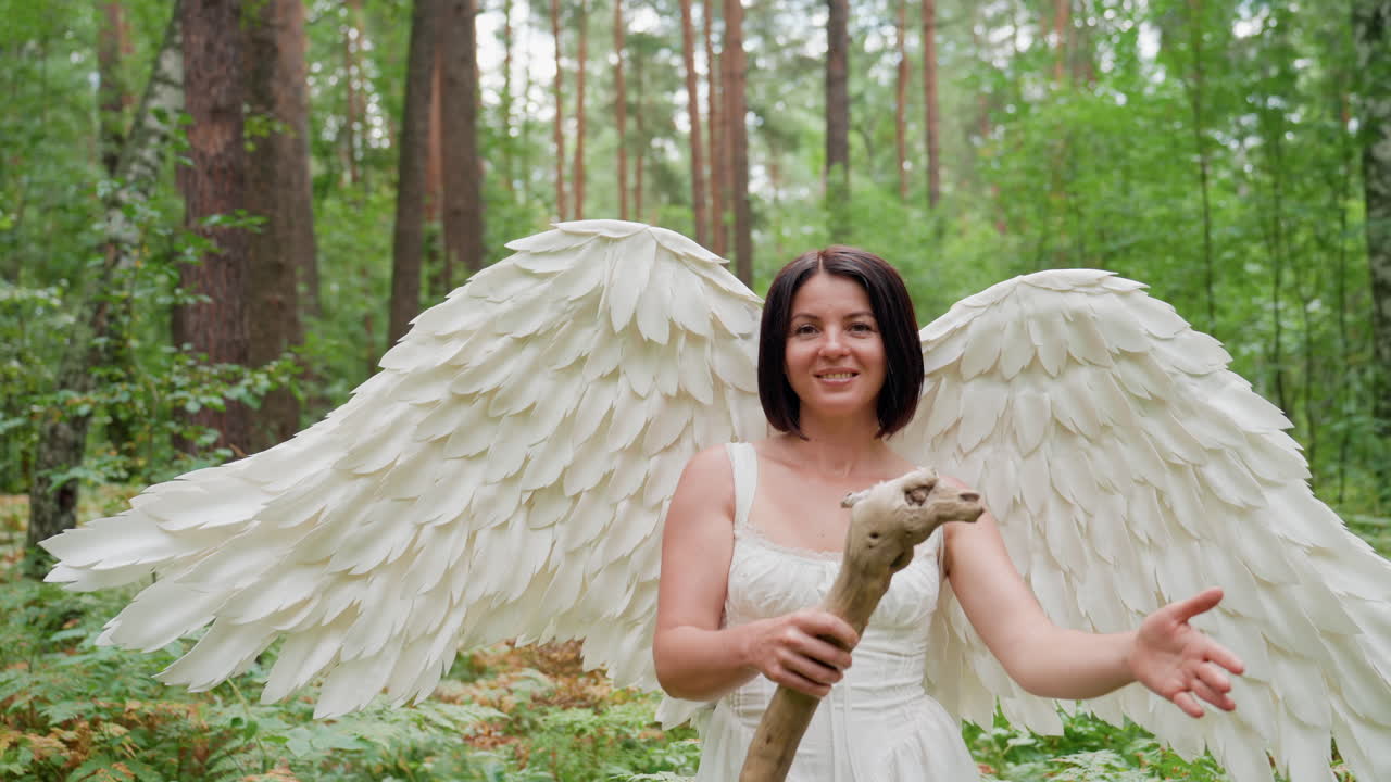 Forest guardian in white dress and large feathered wings stands among green ferns, smiling warmly while holding wooden staff and drawing camera closer with enchanting gaze