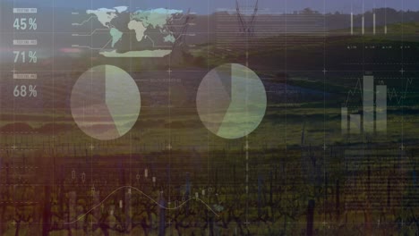 animation of statistical data processing against aerial view of network towers at grassland