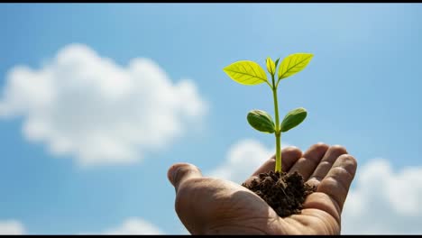 hand holding a young plant against a clear blue sky with clouds in the background, symbolizing growth and new beginnings