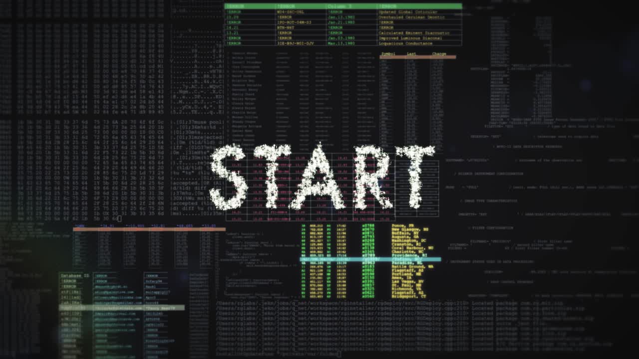 START - PRESS START screen text is formed from digital lines - overlay on futuristic code data animation