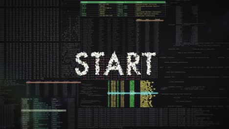 START---PRESS-START-screen-text-is-formed-from-digital-lines---overlay-on-futuristic-code-data-animation