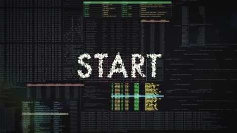 start - press start screen text is formed from digital lines - overlay on futuristic code data animation