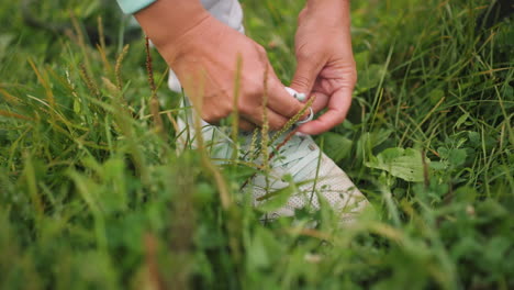 female athlete tying canvas shoe on green grass field preparing for outdoor activity, closeup of hands and sneaker with fresh nature background showcasing determination and active lifestyle spirit