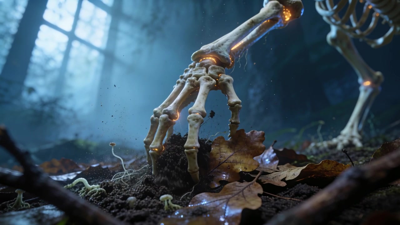 Arto scheletrico anteriore che sonda, reagendo a giunture pulsanti, premendo nel suolo della foresta e sollevando il terreno.