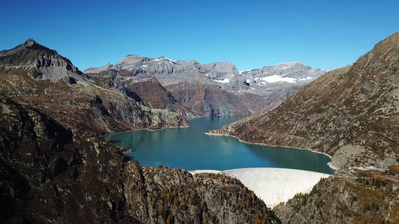 Aerial view of the beautiful Barrage d'Émosson, Switzertland in Autumn.